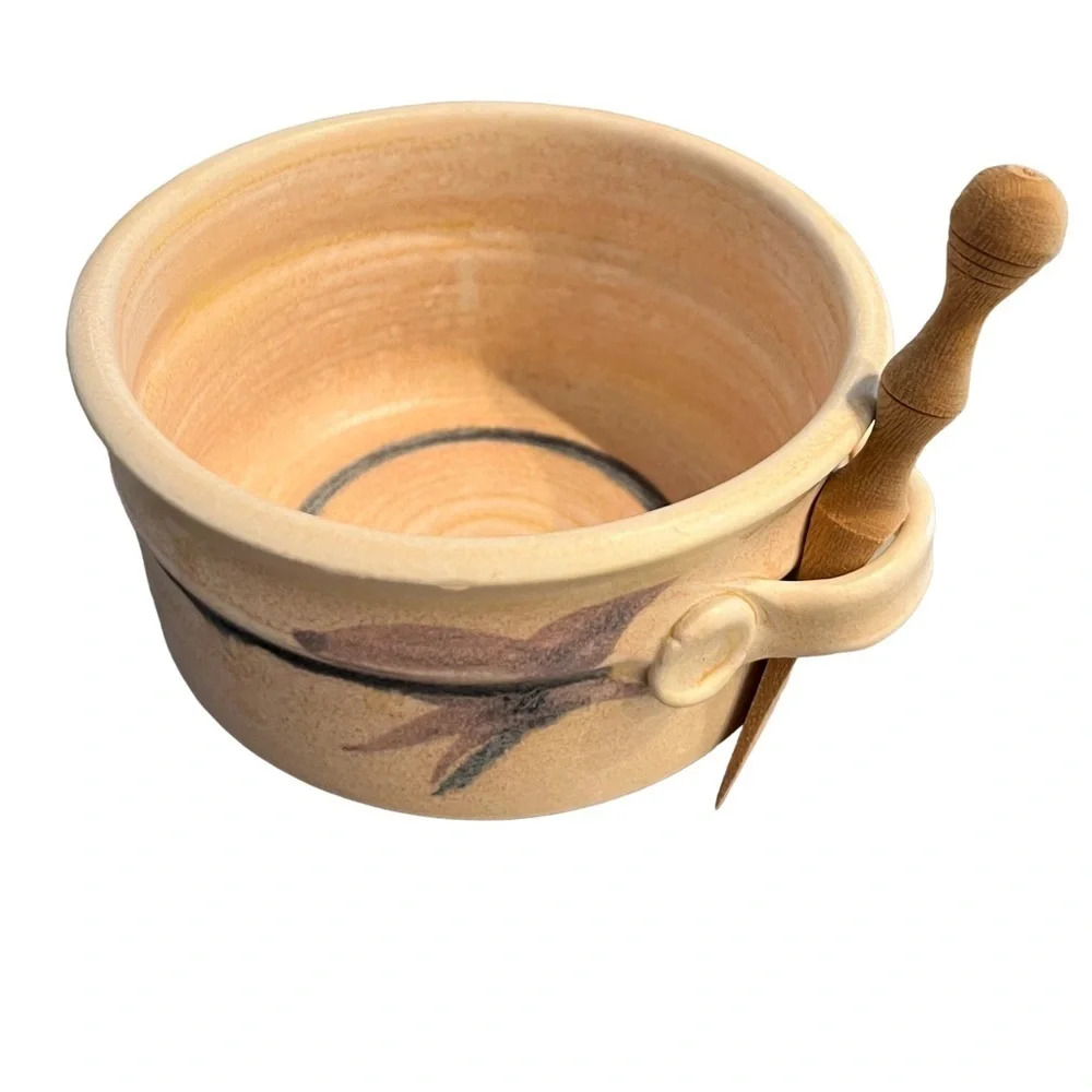 Claysmith Signed Art Pottery Bowl with Wood Spreader 4”